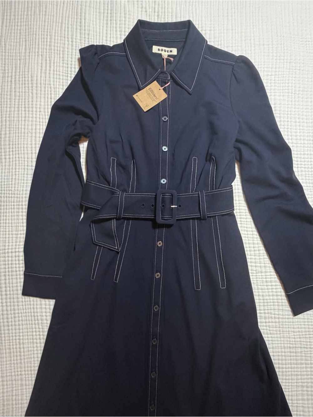 Boden Anita Midi Navy Shirt Dress White Stitching Buckle Belt EcoVera  NWT Sz 12